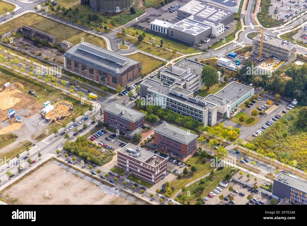 aerial, Phoenix-West area with company building MST Factory and ION-GAS GmbH at Konrad-Adenauer-Allee and construction site for new building at traffi Stock Photo