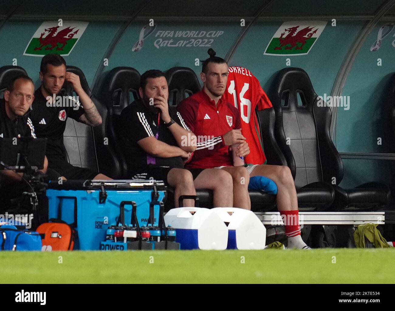 Wales' Gareth Bale on the bench having been substituted at half time during the FIFA World Cup Group B match at the Ahmad Bin Ali Stadium, Al Rayyan, Qatar. Picture date: Tuesday November 29, 2022. Stock Photo