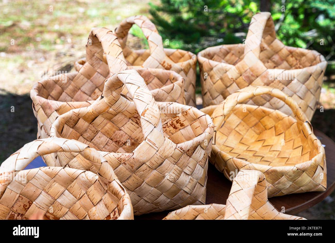 Wicker baskets from birch bark. Handmade birch bark basket Stock Photo Alamy