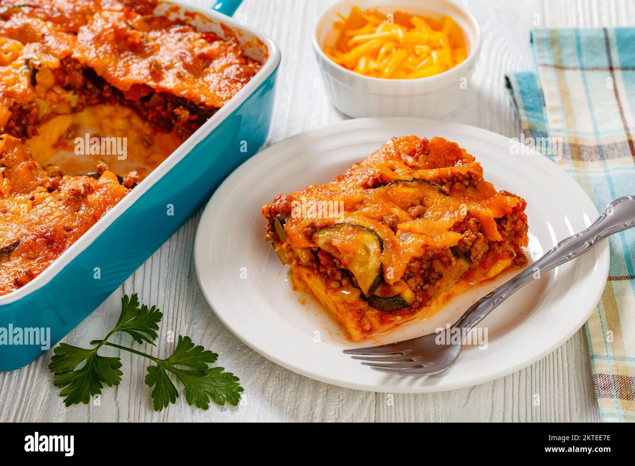 Polenta Ground beef Meat Casserole with zucchini and melted cheddar