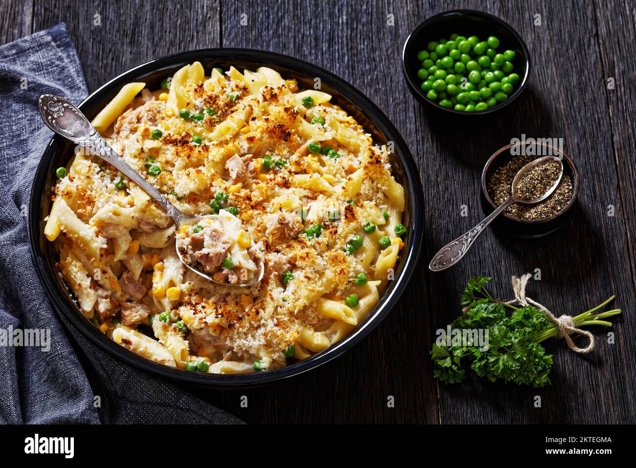 Tuna Mornay, Creamy Tuna Casserole Penne Pasta Bake in baking dish on