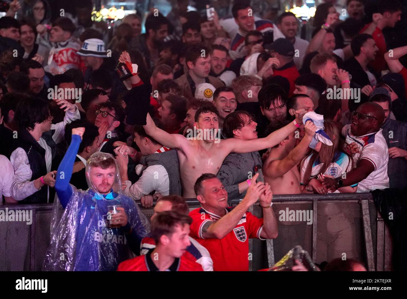 England fans at BoxPark Wembley celebrate the first goal scored by Marcus Rashford, during a screening of the FIFA World Cup Group B match between Wales and England. Picture date: Tuesday November 29, 2022. Stock Photo