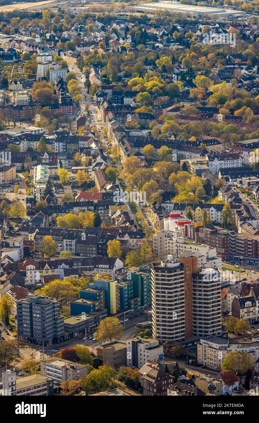 Aerial view, high-rise building at the Kreuzkirche, street Bochumer Straße, Herne-Mitte, Herne, Ruhrgebiet, North Rhine-Westphalia, Germany, DE, Europ Stock Photo