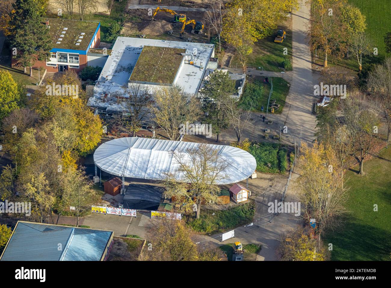 Aerial view, event center Gysenberg GmbH, tent, Börnig, Herne, Ruhr area, North Rhine-Westphalia, Germany, DE, Europe, Aerial photography, Park, Overv Stock Photo