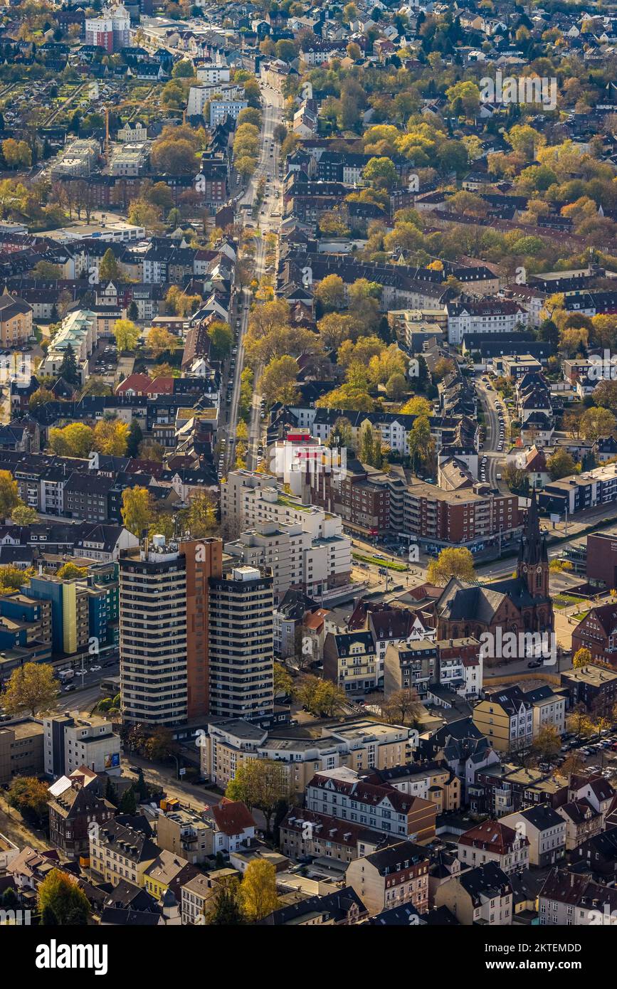 Aerial view, high-rise building at the Kreuzkirche, street Bochumer Straße, Herne-Mitte, Herne, Ruhrgebiet, North Rhine-Westphalia, Germany, DE, Europ Stock Photo