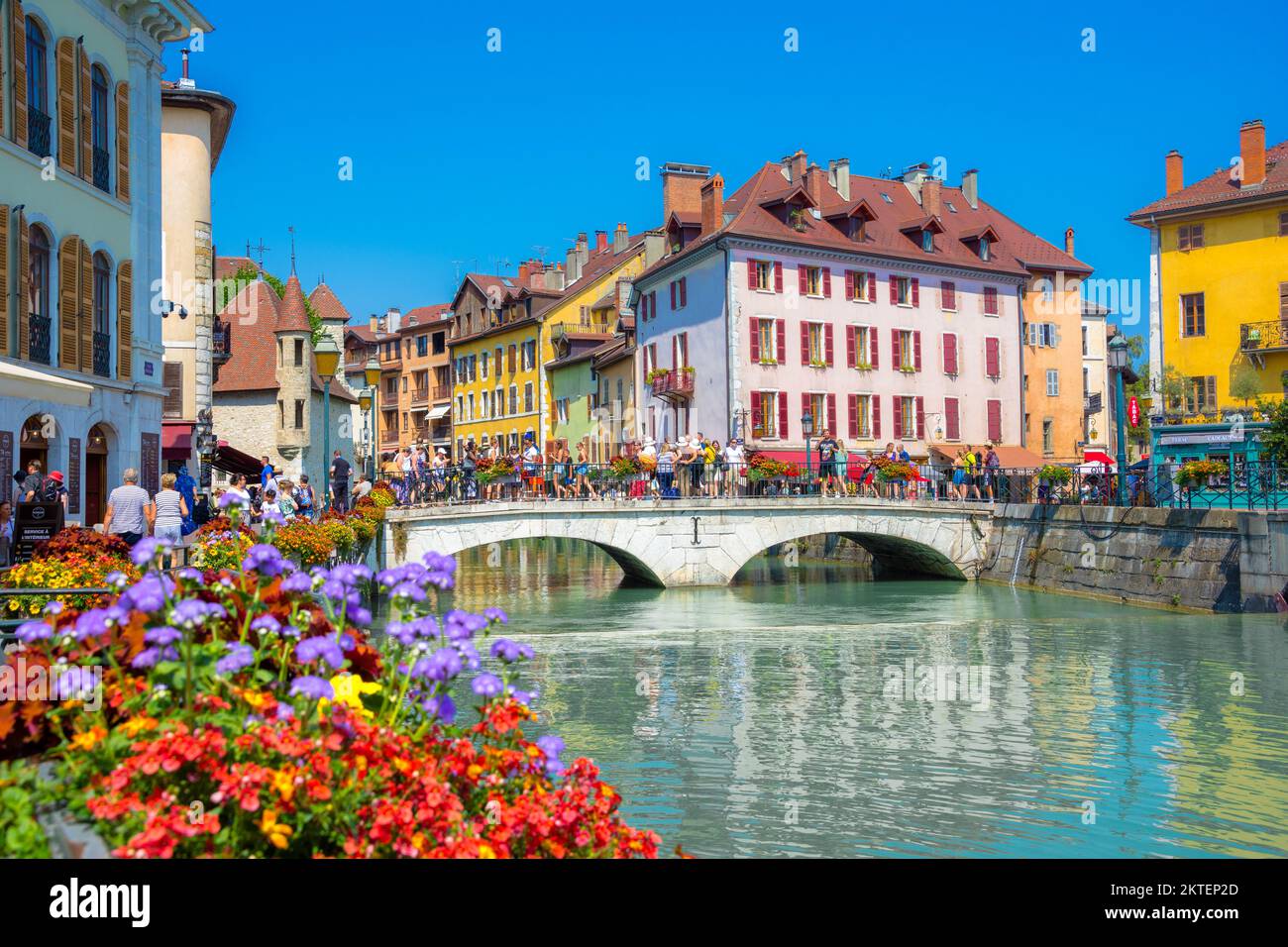 Old town of Annecy with river Thiou, medieval palace the Palais de l'Isle, Annecy, France Stock Photo
