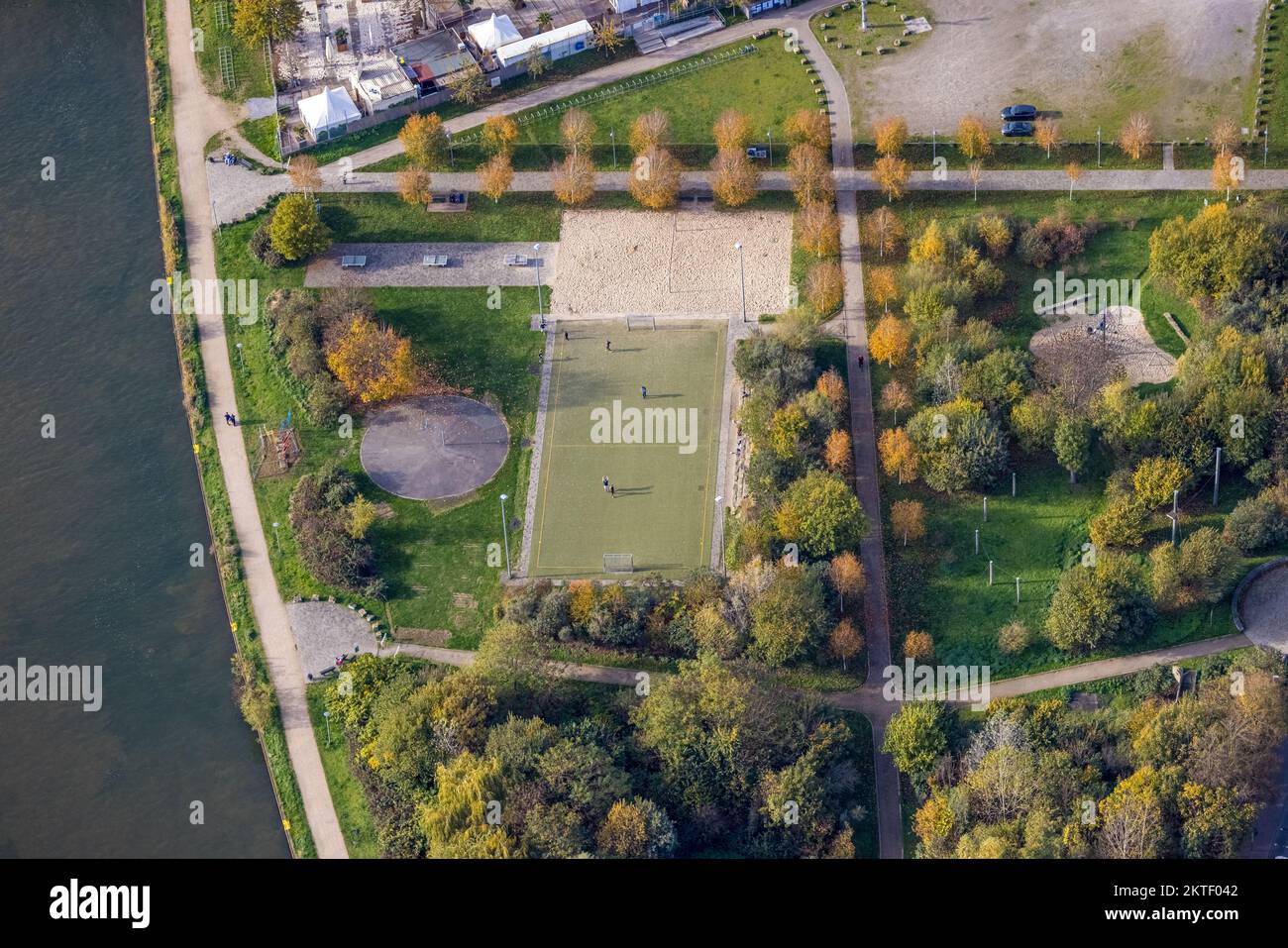 Aerial view, outdoor playground Am Kanal, Unser Fritz, Herne, Ruhr area, North Rhine-Westphalia, Germany, DE, Europe, Soccer field, Aerial photography Stock Photo