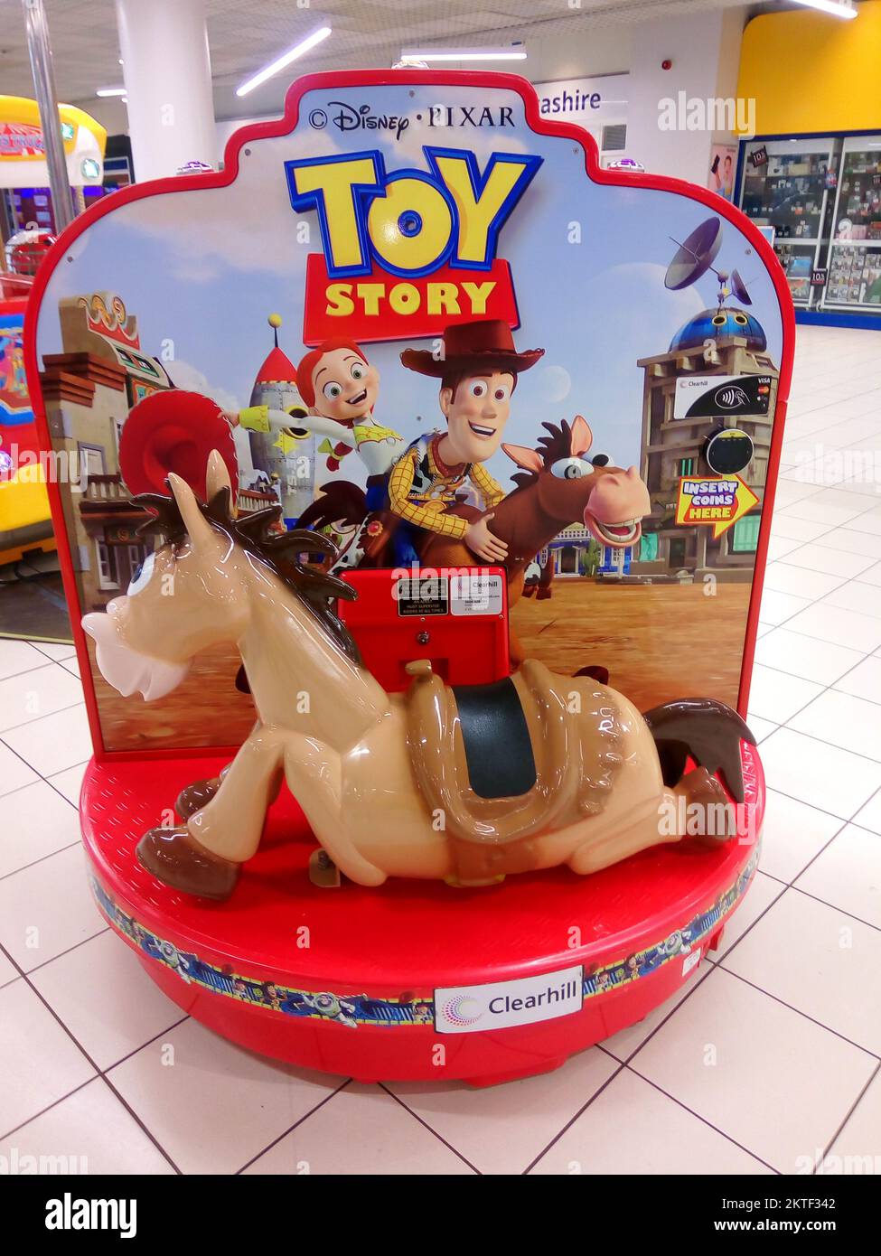 Toy Story Pixar with ride on Bullseye and Woody amusement ride. Skelmersdale, UK Stock Photo