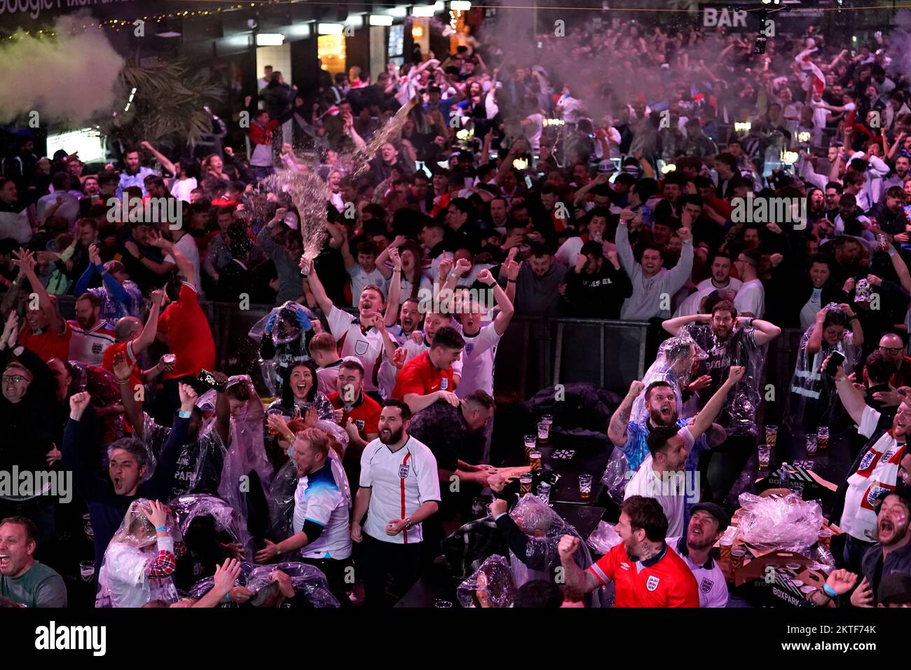 England fans at BoxPark Wembley celebrate their third goal scored by Marcus Rashford, during a screening of the FIFA World Cup Group B match between Wales and England. Picture date: Tuesday November 29, 2022. Stock Photo