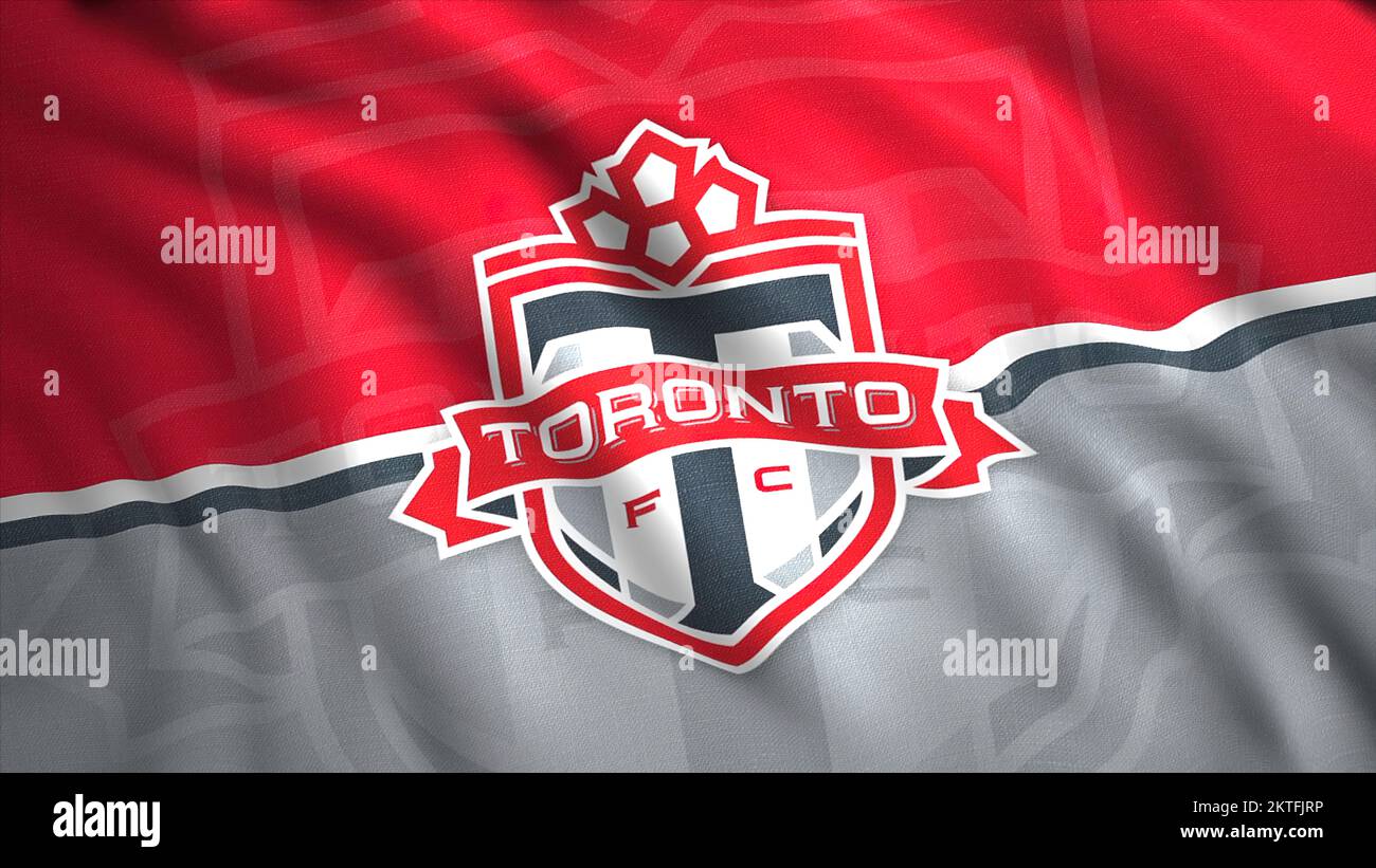 Flags with emblems of football clubs. Motion. Toronto Canadian Football