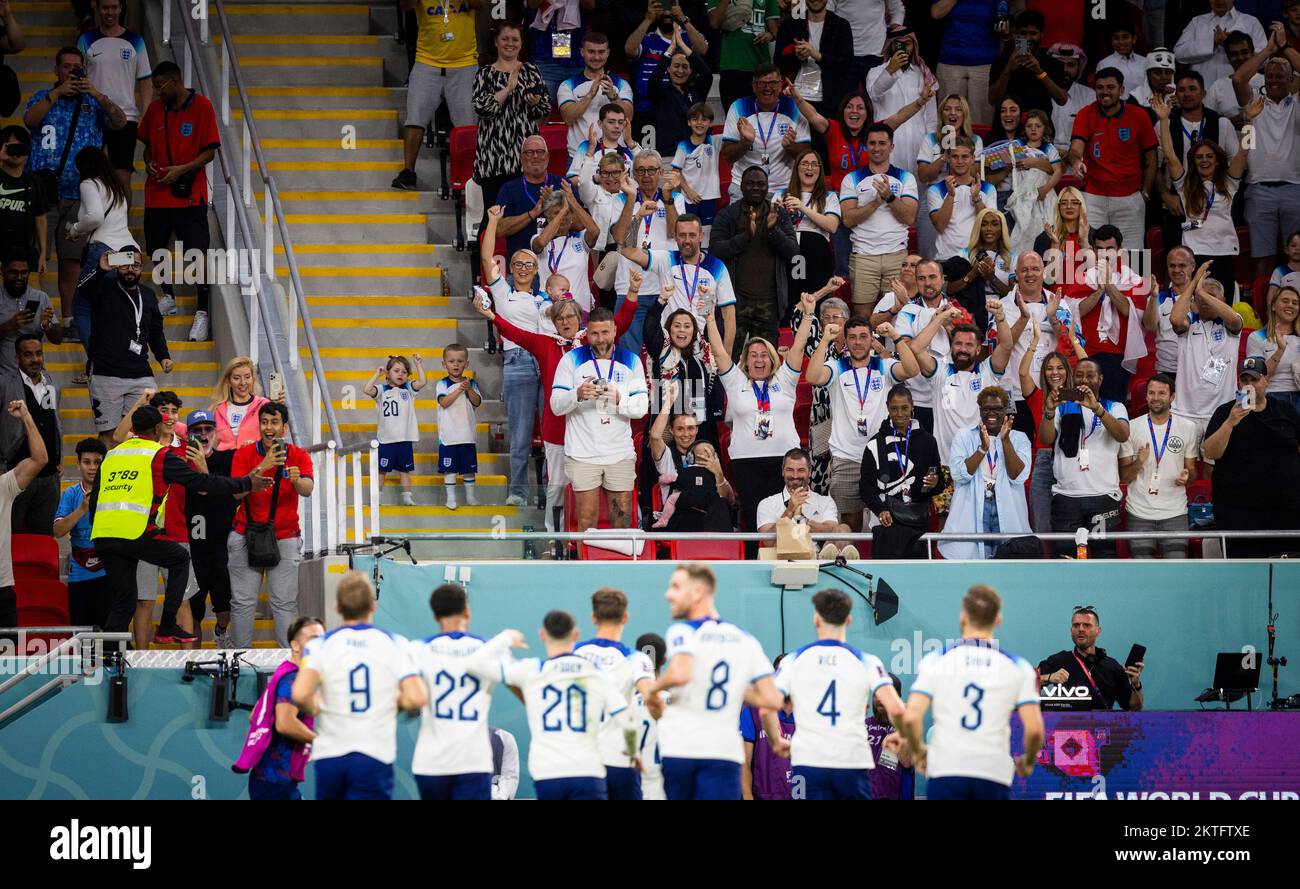 Doha, Qatar. 29th Nov, 2022.  Marcus Rashford (England) celebrates his goal with the families and friends fan block Harry Kane (England), Jude Bellingham (England), Phil Foden (England), John Stones (England), Declan Rice (England), Jordan Henderson (England) Wales - England   World Cup 2022 in Qatar 28.11.2022 Credit: Moritz Muller/Alamy Live News Stock Photo