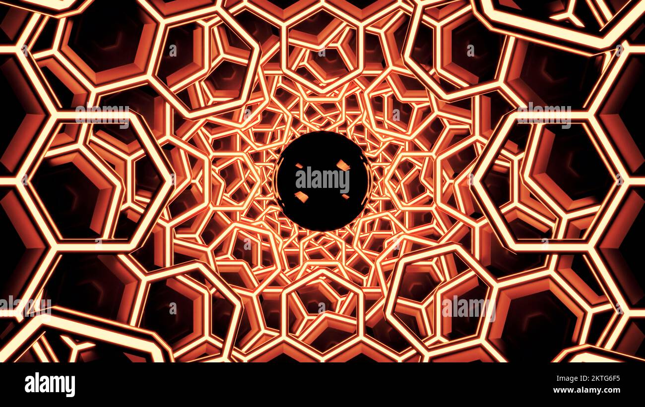 3D tunnel with hexagons and moving black hole. Design. Tunnel of 3d ...