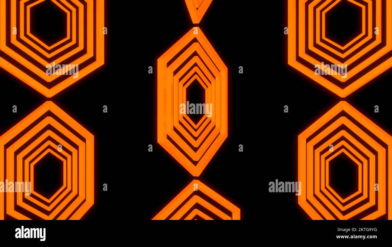 Abstract three vertical rows of orange hexagon silhouettes moving on a ...