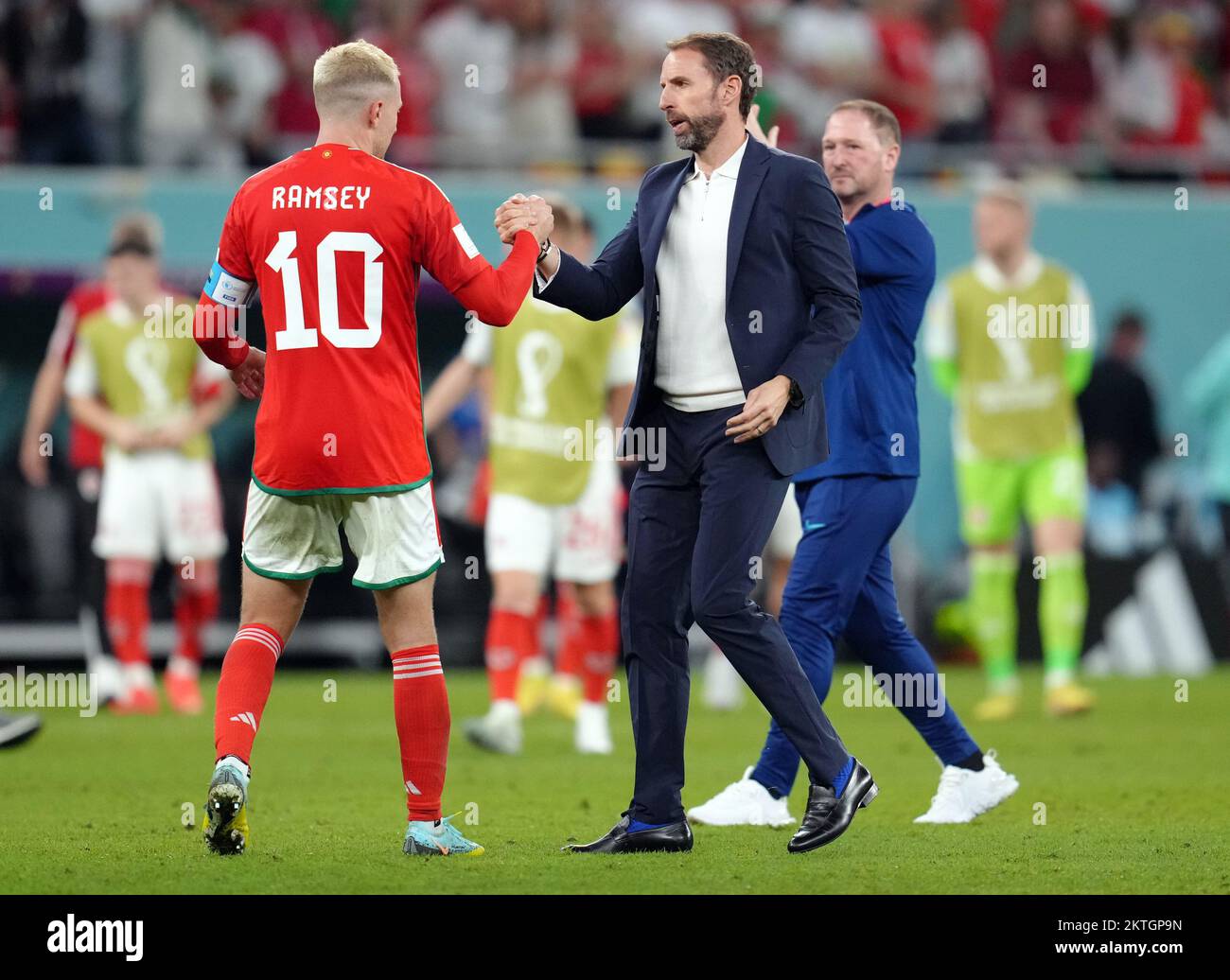 England manager Gareth Southgate with Wales' Aaron Ramsey following the FIFA World Cup Group B match at the Ahmad Bin Ali Stadium, Al Rayyan, Qatar. Picture date: Tuesday November 29, 2022. Stock Photo