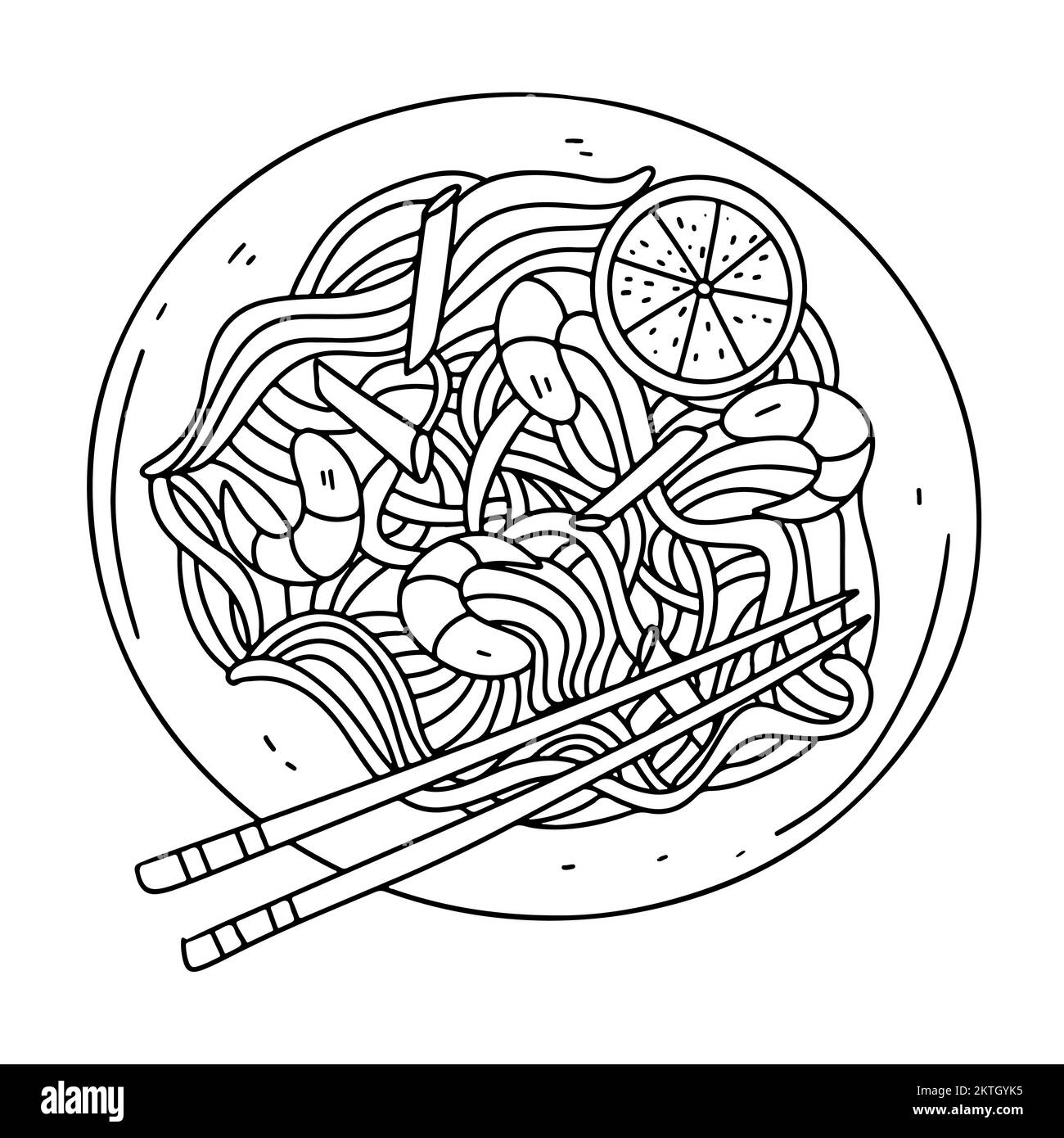 Rice noodles with shrimps and vegetables in hand drawn doodle style ...