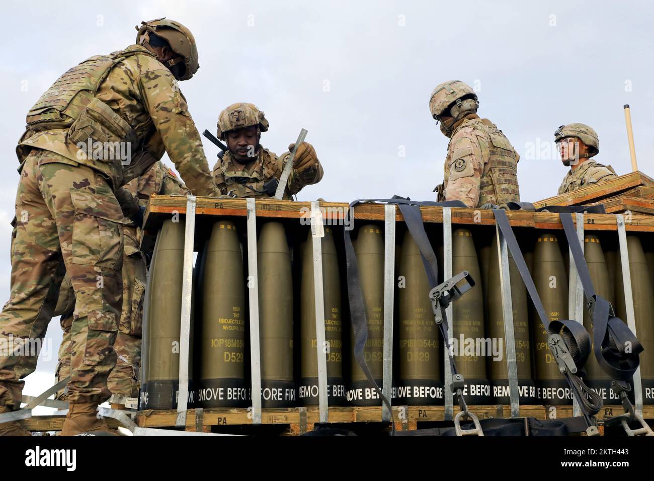 November 7, 2022 - Grafenwoehr, Bayern, Germany - U.S. Soldiers assigned to C Battery, Field Artillery Squadron, 2nd Cavalry Regiment, prepare 155mm ammunition during a Table XV Battery Certification live fire exercise at the 7th Army Training Command's Grafenwoehr Training Area, Germany, Nov. 7, 2022. 2nd Cavalry Regiment, assigned to V Corps, America's forward deployed corps in Europe, works alongside NATO allies and regional security partners to provide combat-credible forces capable of rapid deployment throughout the European theater to defend the NATO alliance. (Credit Image: © U.S. Army/ Stock Photo