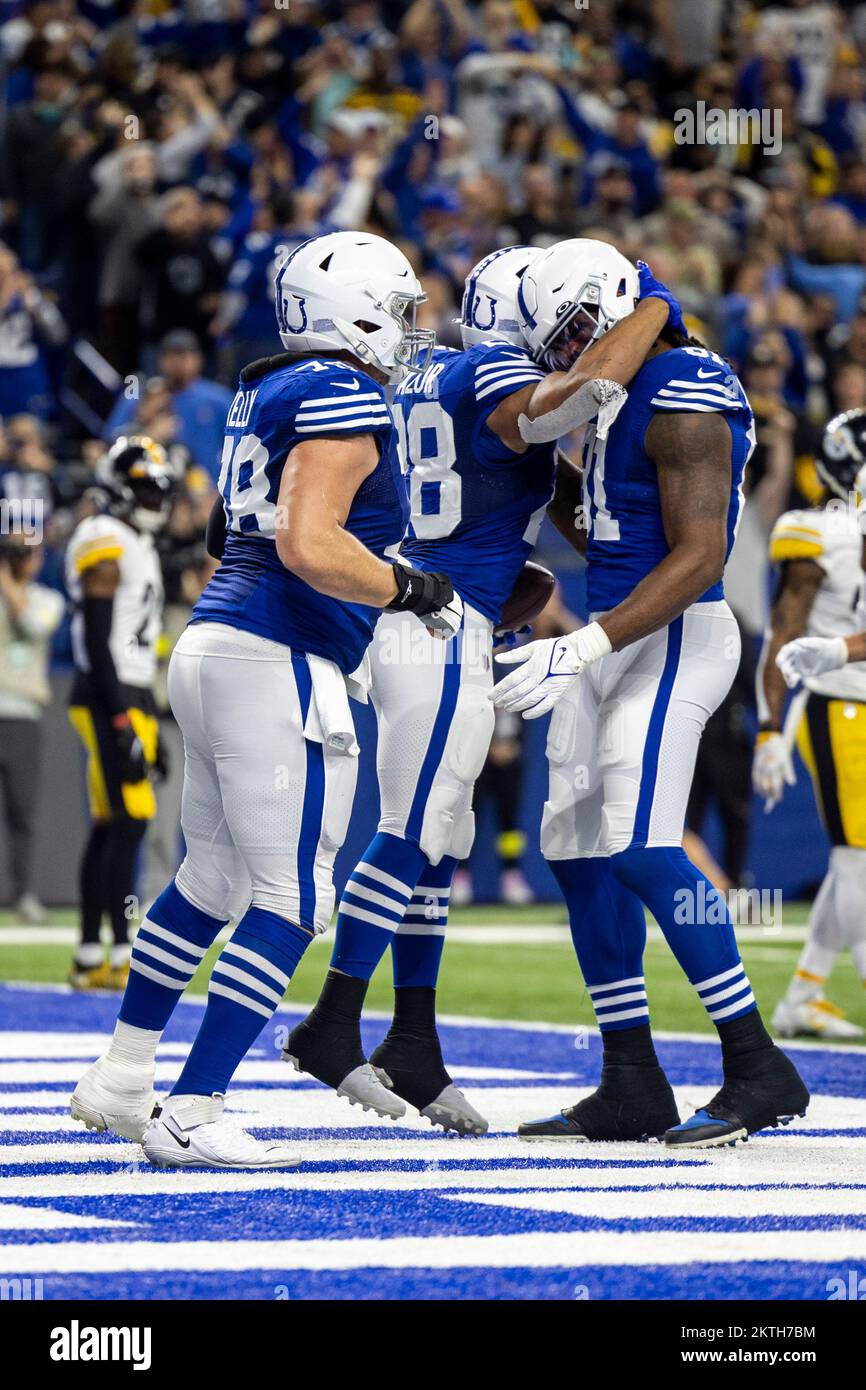 Indianapolis, Indiana, USA. 28th Nov, 2022. Indianapolis Colts running back  Jonathan Taylor (28) and Indianapolis Colts tight end Mo Alie-Cox (81)  react during NFL game against the Pittsburgh Steelers in Indianapolis,  Indiana.