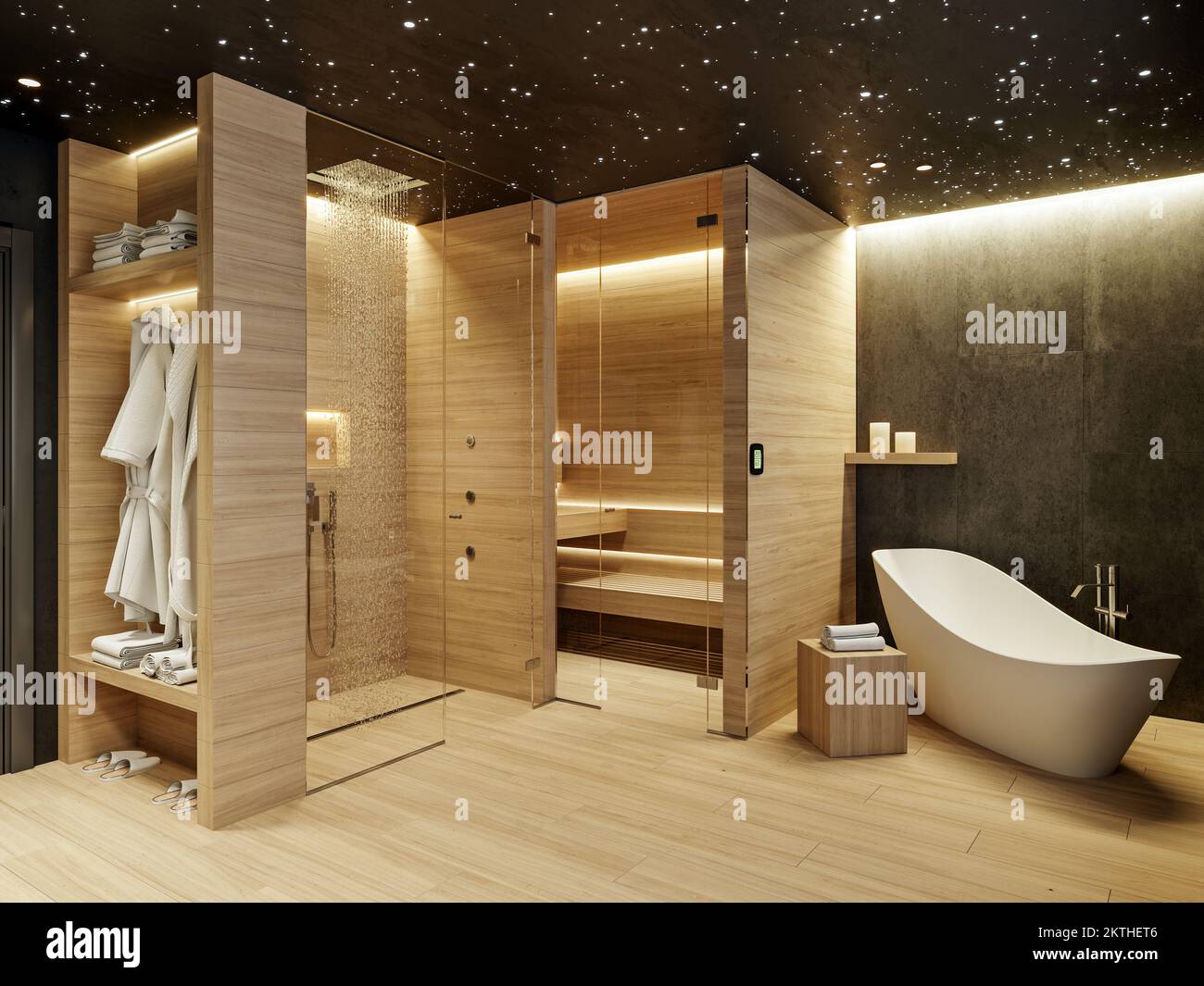 Beautiful modern design of bathroom and spa with star ceiling, 3d rendering, 3d illustration Stock Photo