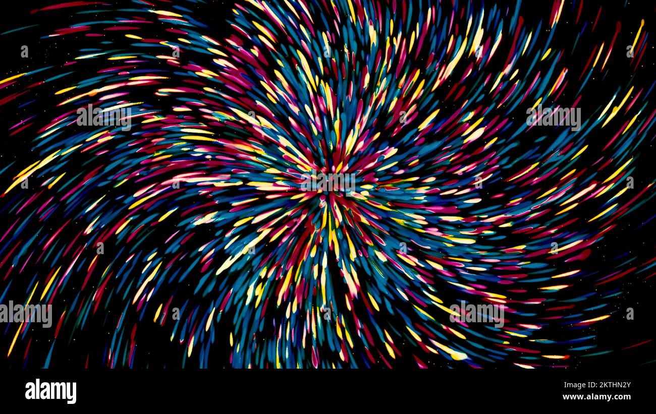 Bright emission of lines on a black background. Motion. Abstract multicolored lines spreading in space on a black background Stock Photo