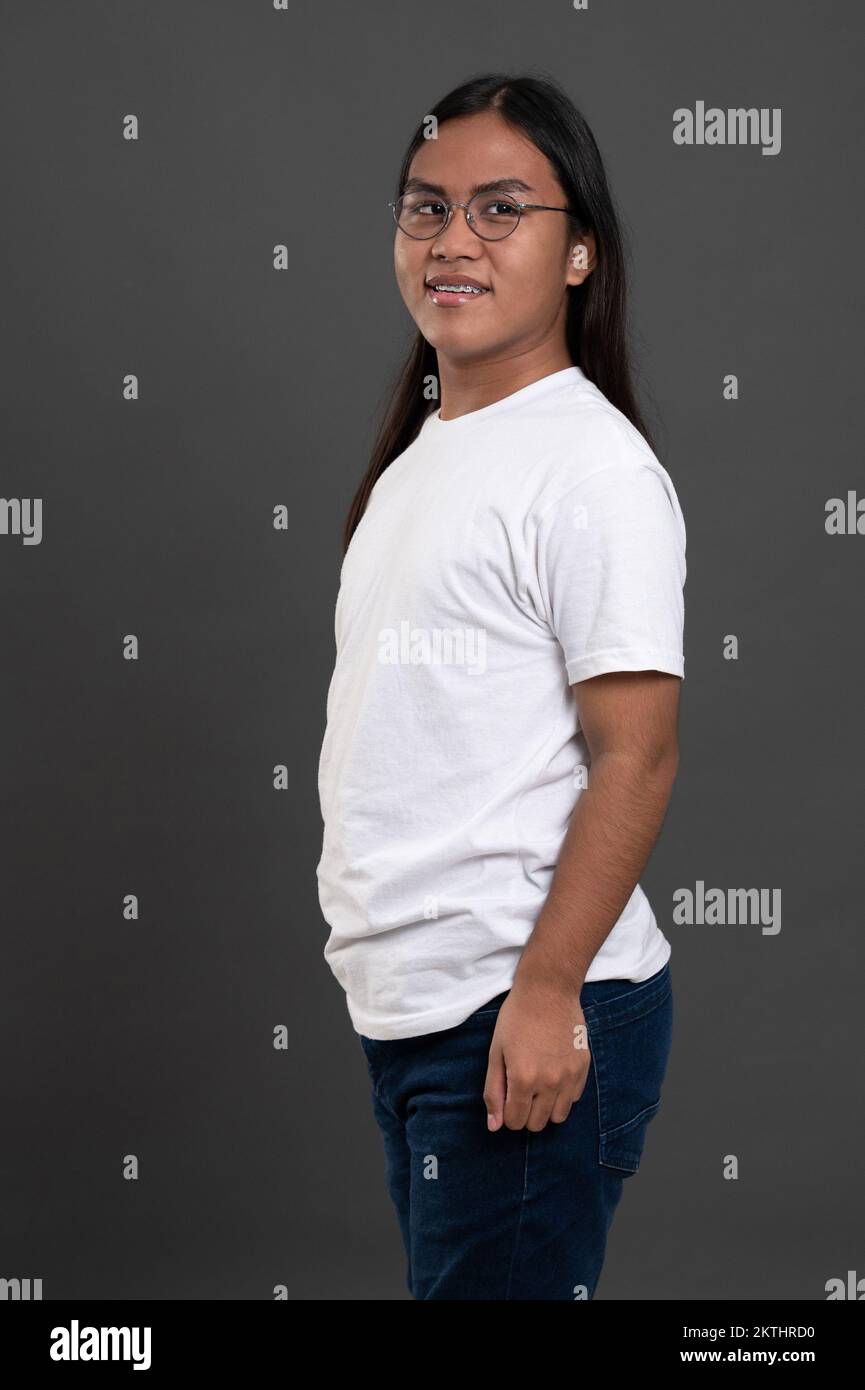 Native american man portrait with glasses profile view in studio background Stock Photo Alamy