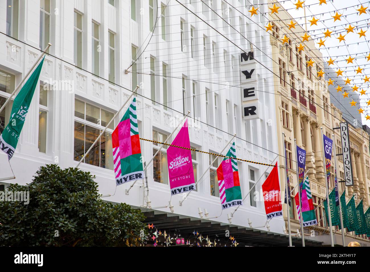 Myer and David Jones department stores in Bourke Street Melbourne,Victoria, with Christmas lights and decorations,Australia Stock Photo