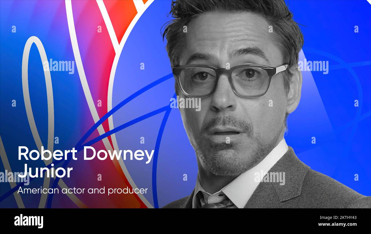 Cartoon animation with a portrait of an actor.  blue background on  which geometric figures and the face of Robert Downey Jr. in glasses appear  Stock Photo - Alamy