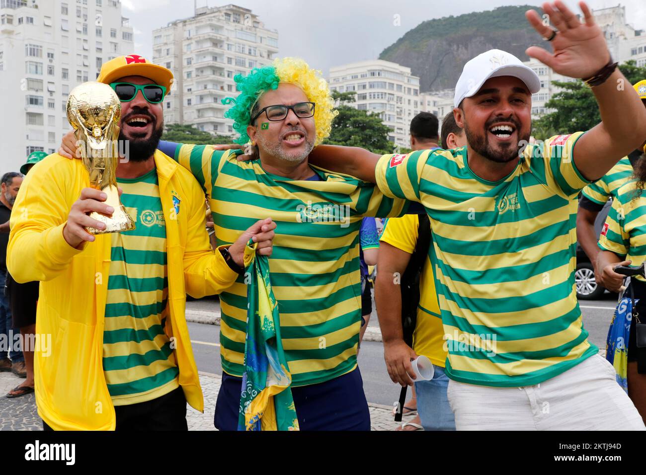 Brazilian fans gather at street party to support national soccer team playing Fifa World Cup at Fan Festival arena Stock Photo
