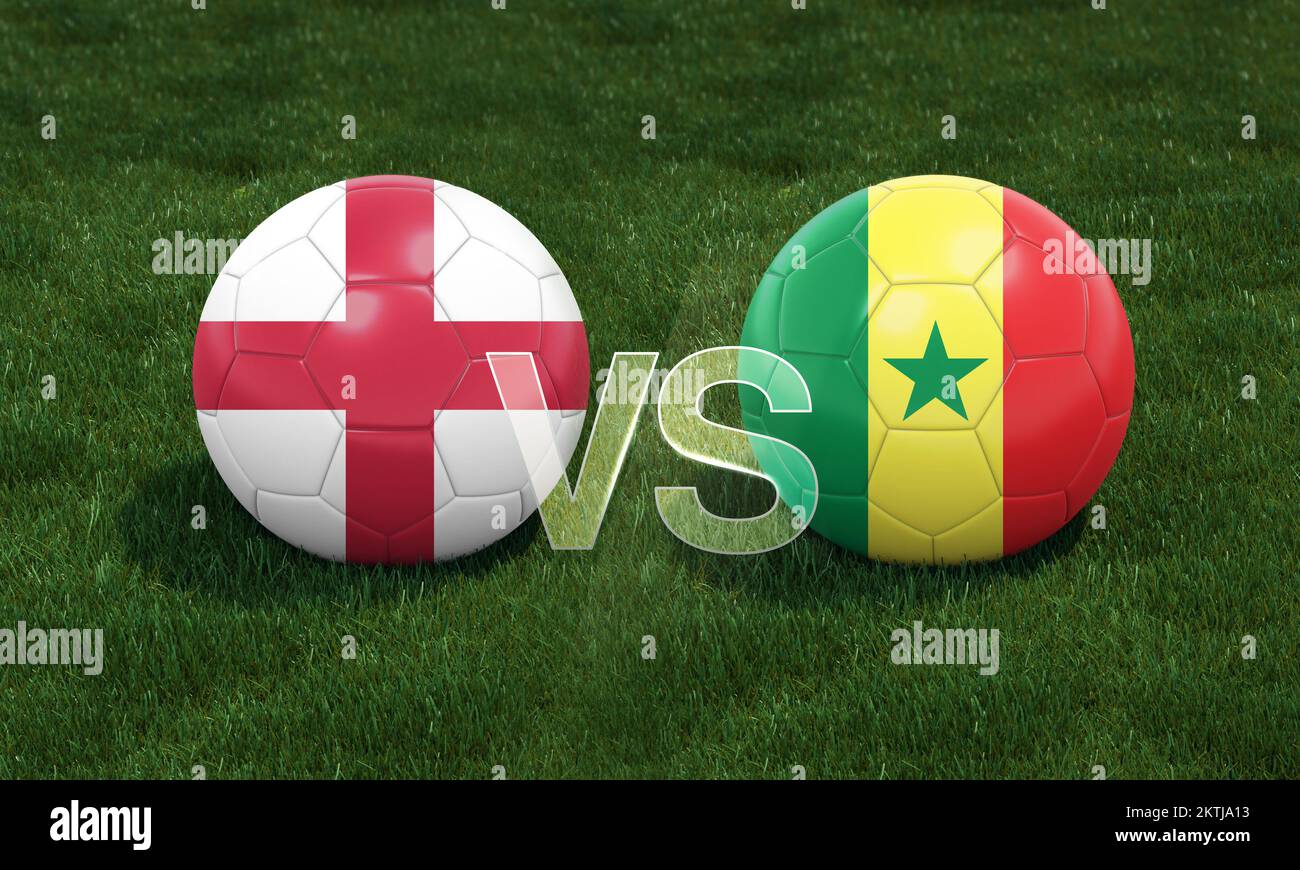 Announcement of the match between the England and Senegal for sport soccer tournament and football championship. 16 fixtures world cup. Stock Photo