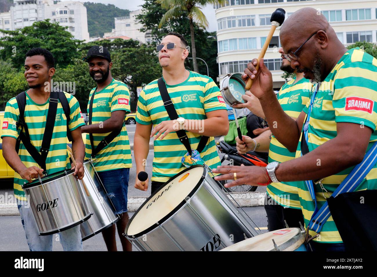 Brazilian fans gather at street party to support national soccer team playing Fifa World Cup at Fan Festival arena Stock Photo