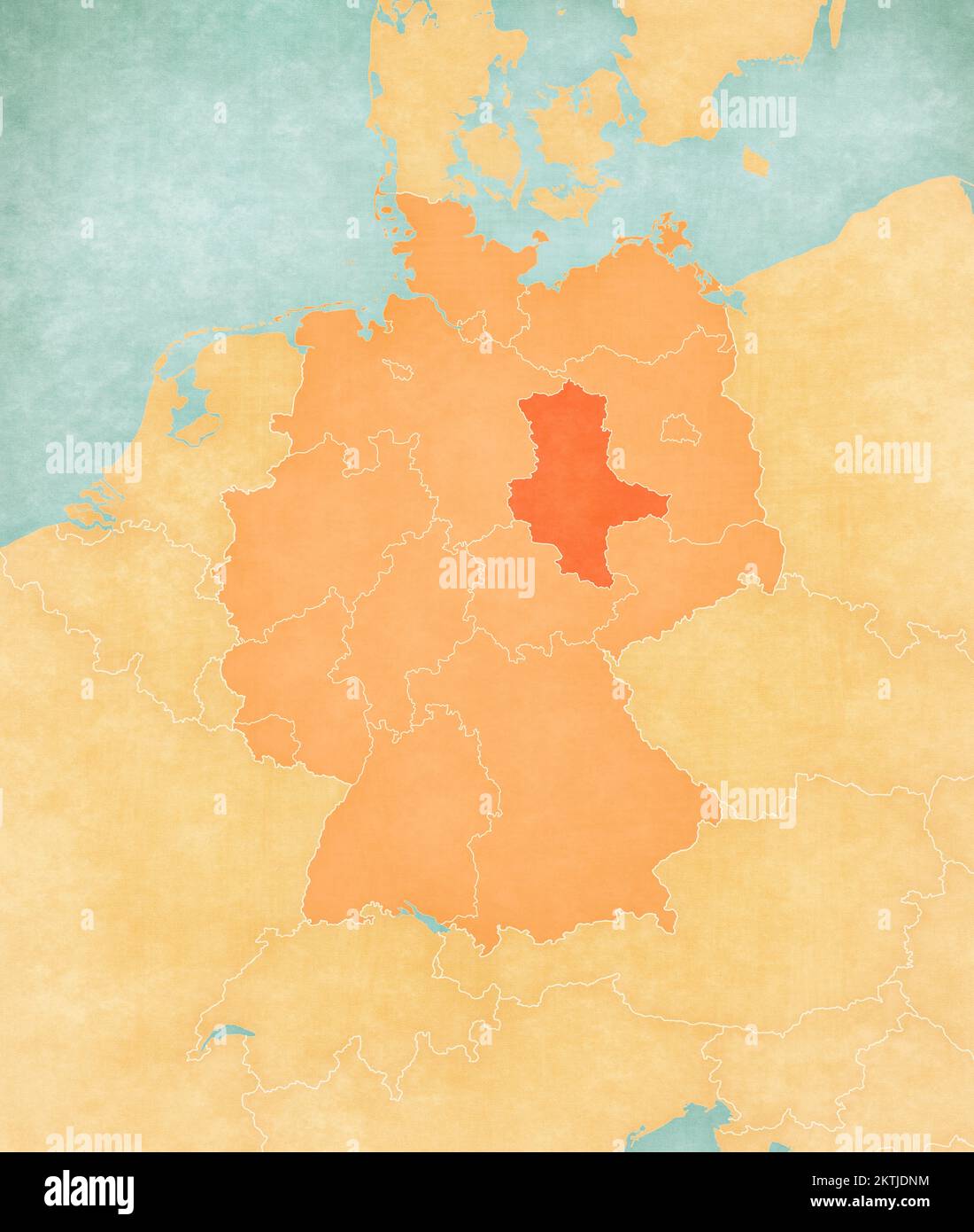 Saxony-Anhalt on the map of Germany (tan color) in soft grunge and vintage style, like old paper with watercolor painting. Stock Photo