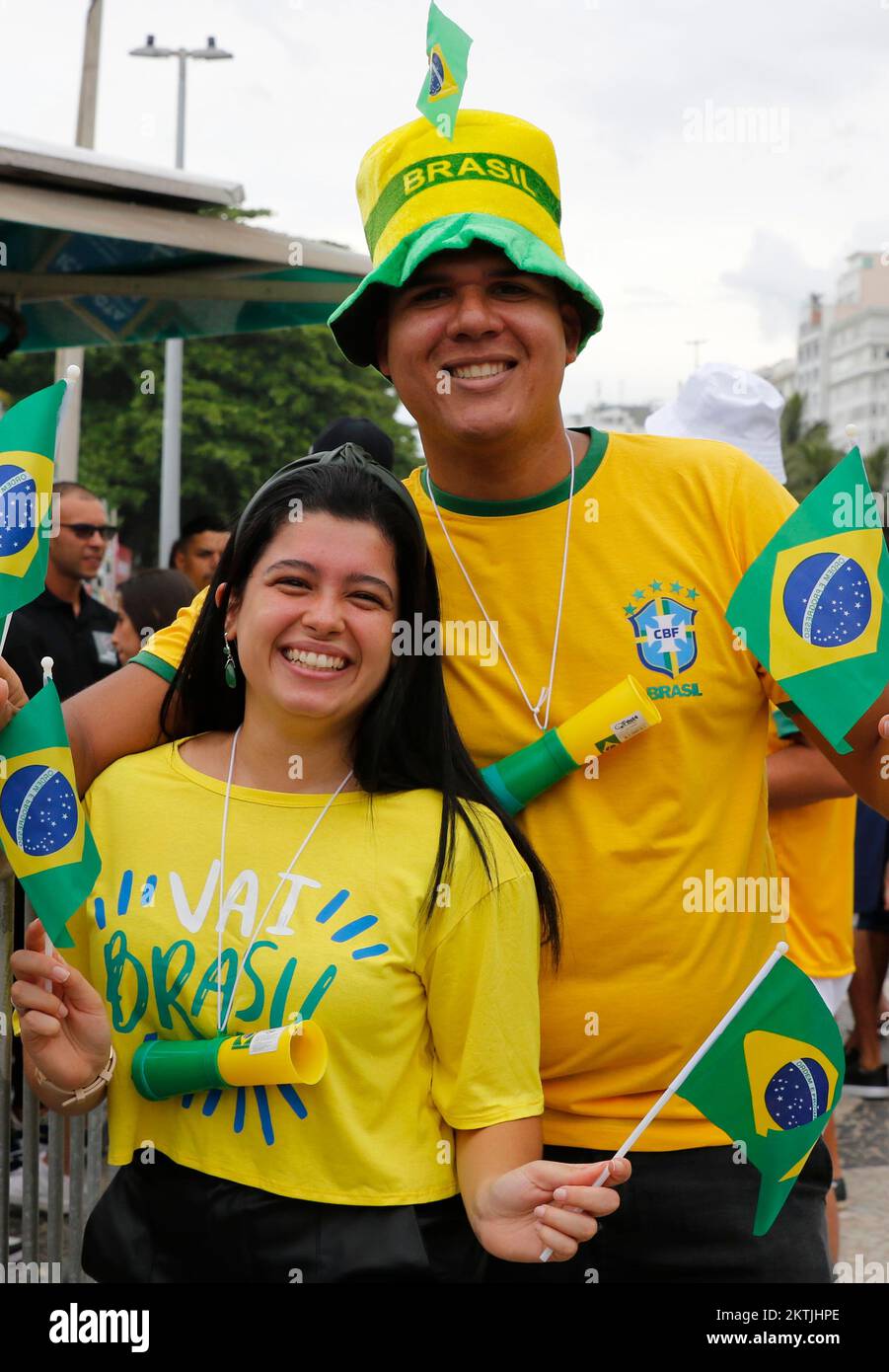 Brazilian fans gather at street party to support national soccer team playing Fifa World Cup at Fan Festival arena Stock Photo