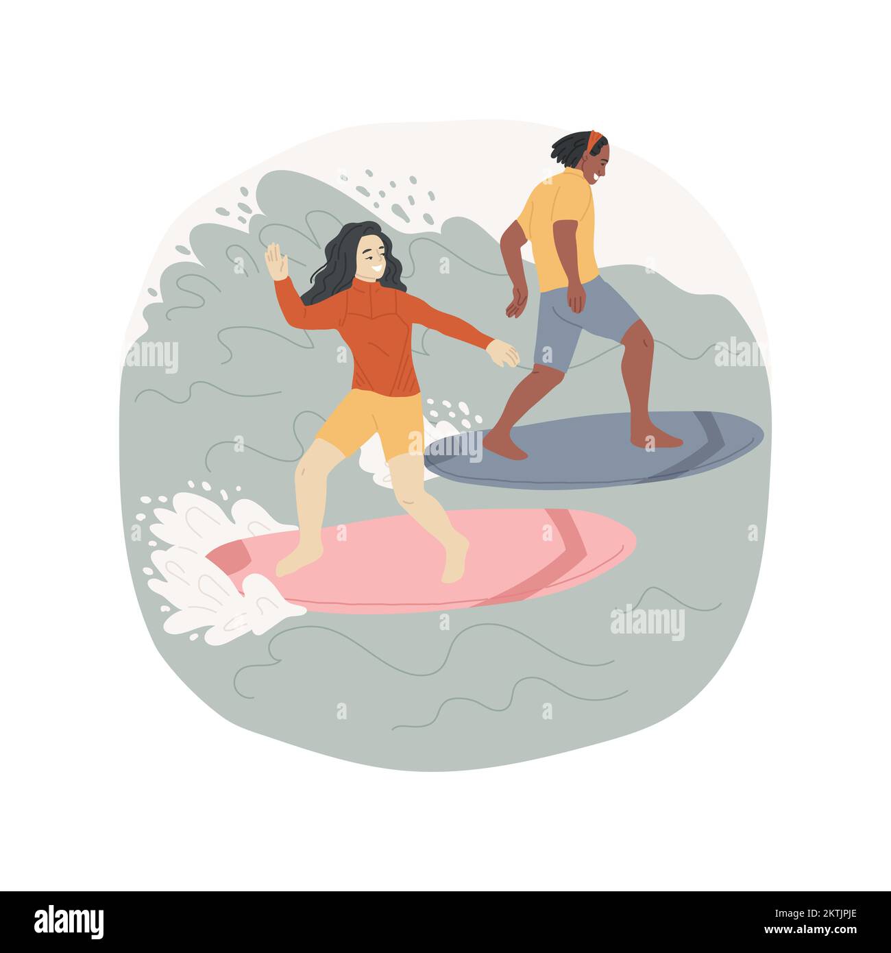 Surfing isolated cartoon vector illustration. Group of happy teenagers surfing together, extreme summer sport, active lifestyle, leisure time together, having fun on beach vector cartoon. Stock Vector