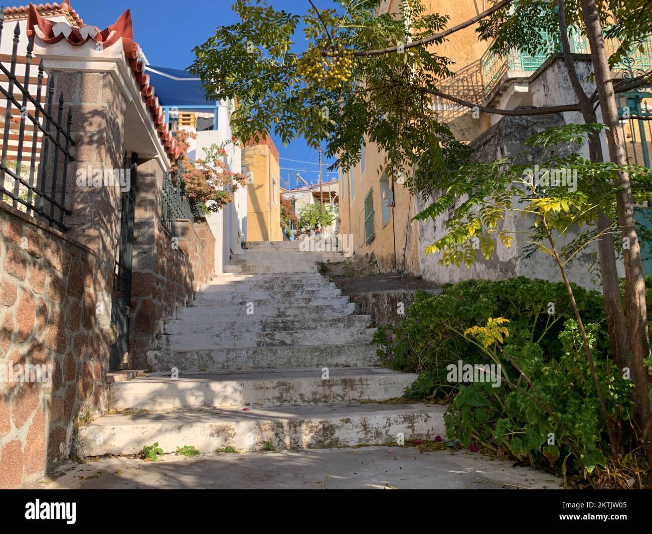 Buildings in the old town of Poros, Greece. Poros is an iseal sailing port Stock Photo