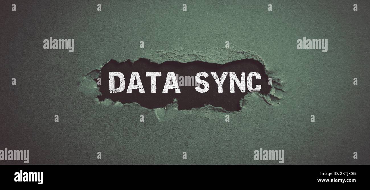Conceptual caption Data Sync, Business idea data that is continuously generated by different sources Stock Photo