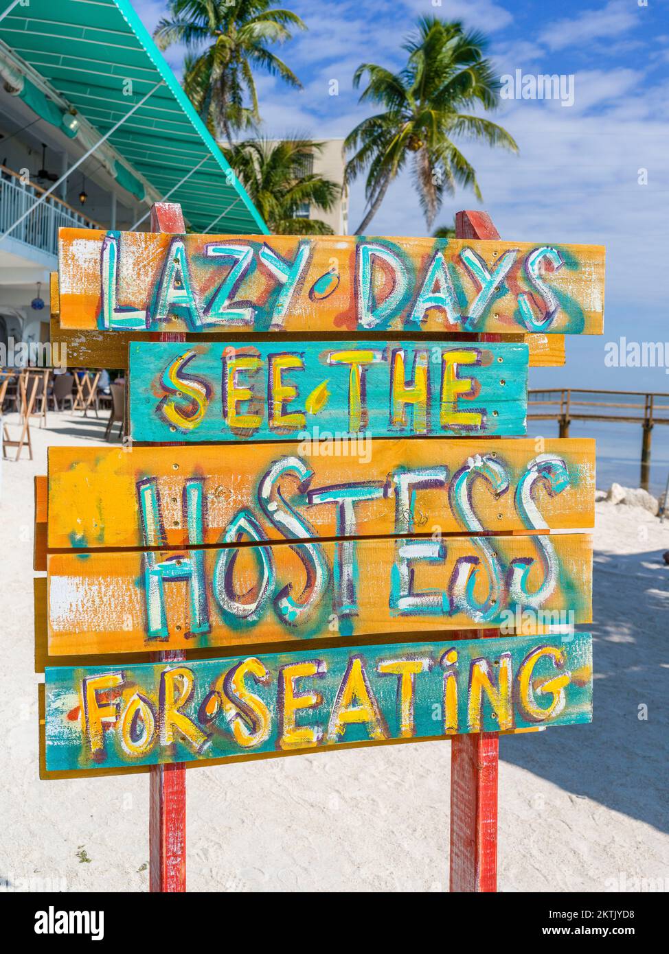 Restaurant Wooden Sign in the Upper Keys,Key West Florida,USA Stock Photo