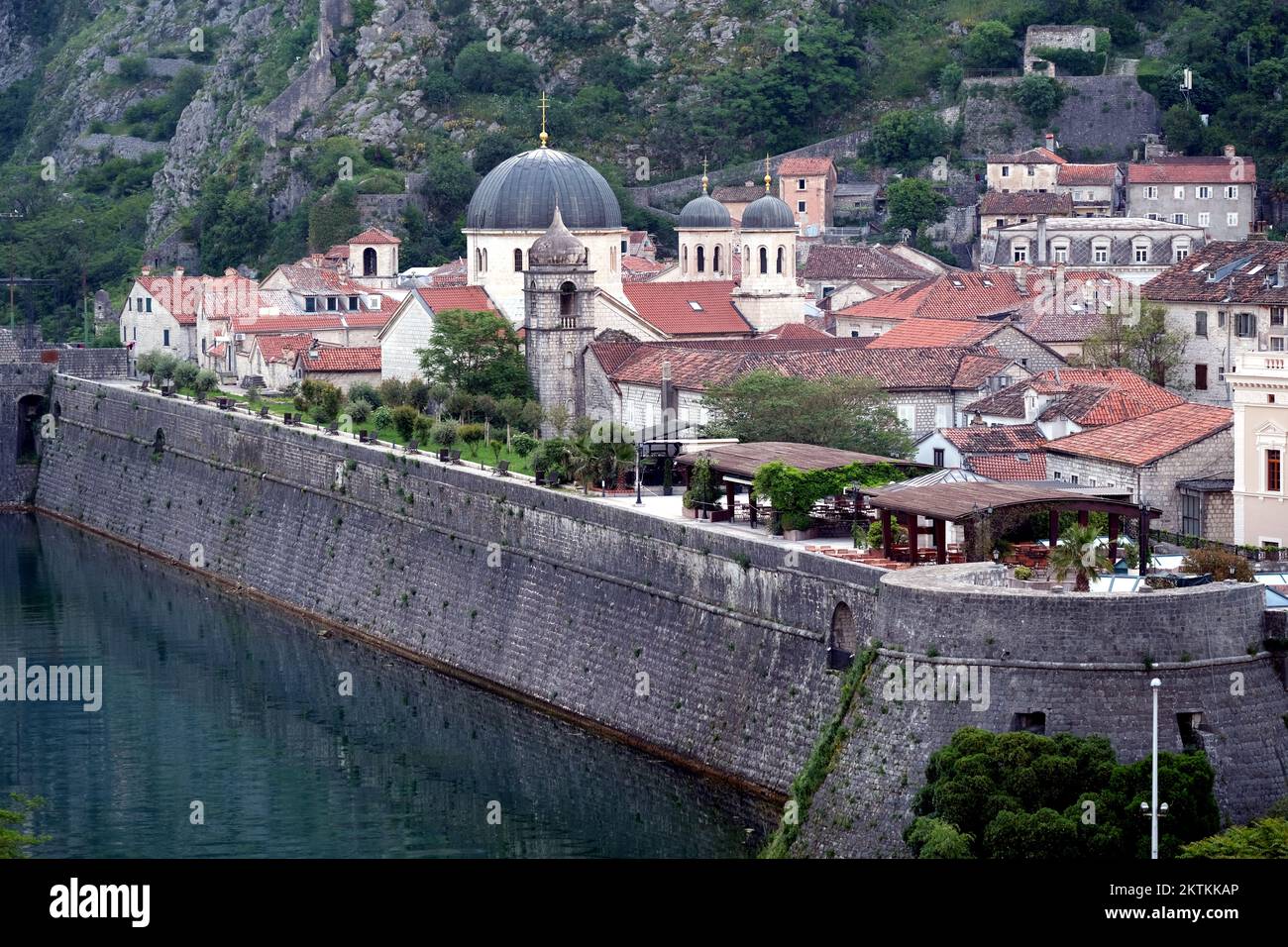 The defensive wall and moat in Kotor Montenegro Stock Photo