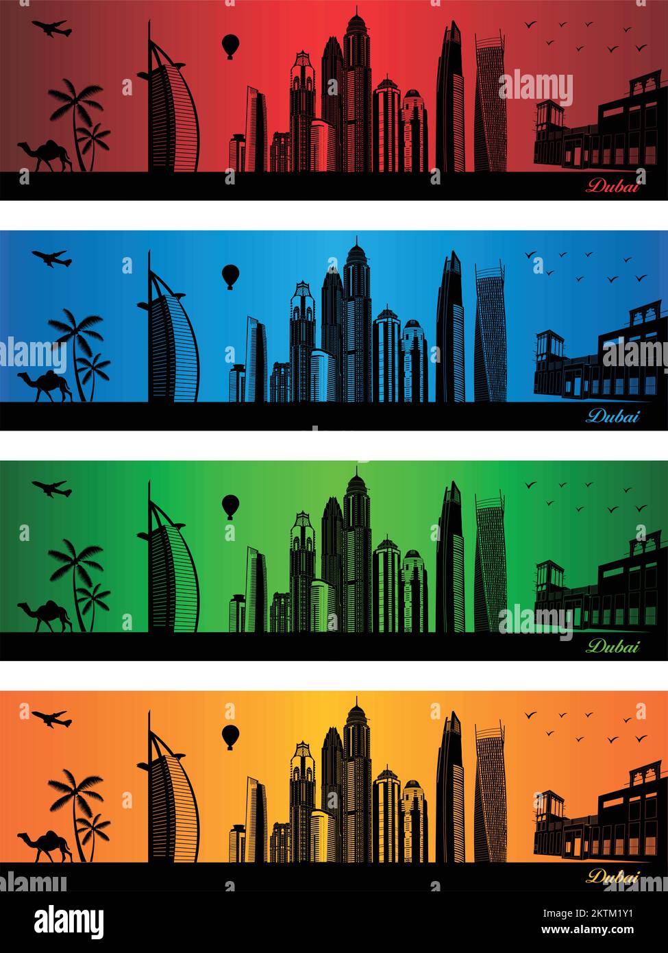 Dubai city in a four different colors - illustration,  Town in colors background,  City of Dubai Stock Vector