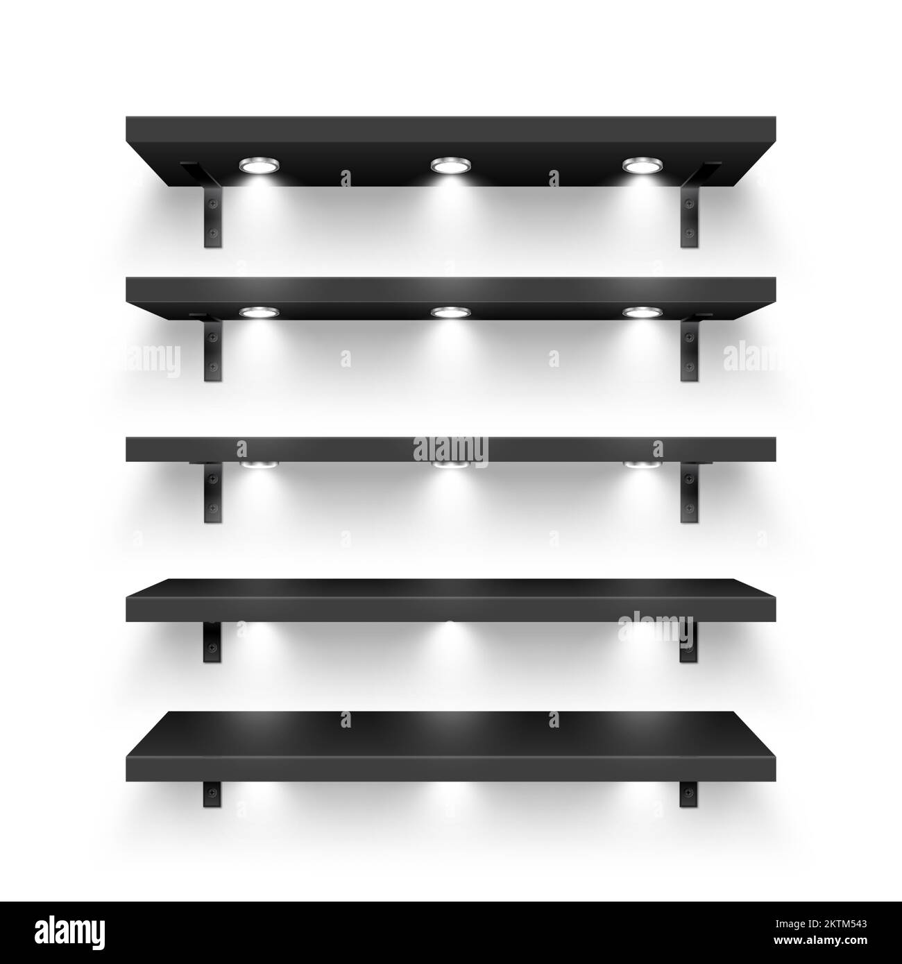 Realistic black store shelves with wall mount and lighting, spotlights