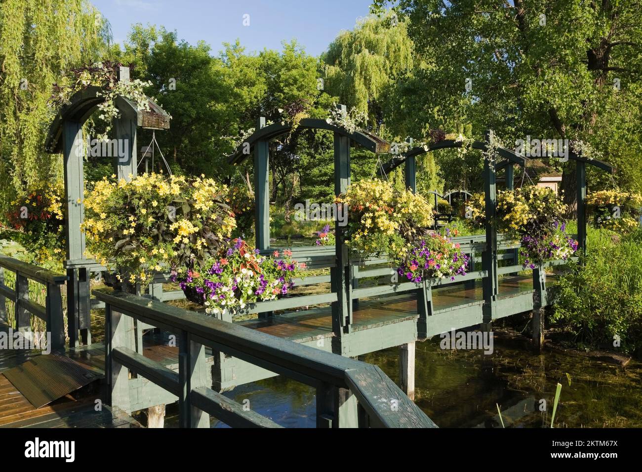Pond and wooden footbridge decorated with hanging baskets of yellow
