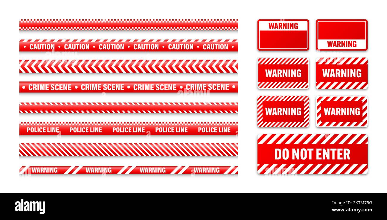 Various barricade construction tapes and warning shields. Red police