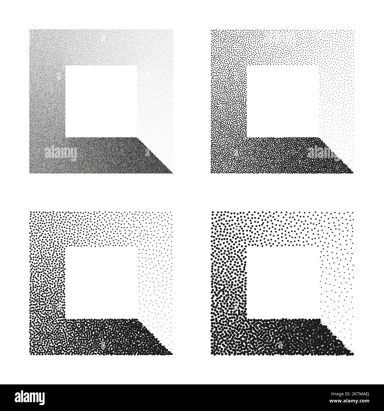 Square shaped dotted objects, stipple elements. Stippling, dotwork drawing, shading using dots. Pixel disintegration, halftone effect. White noise Stock Vector