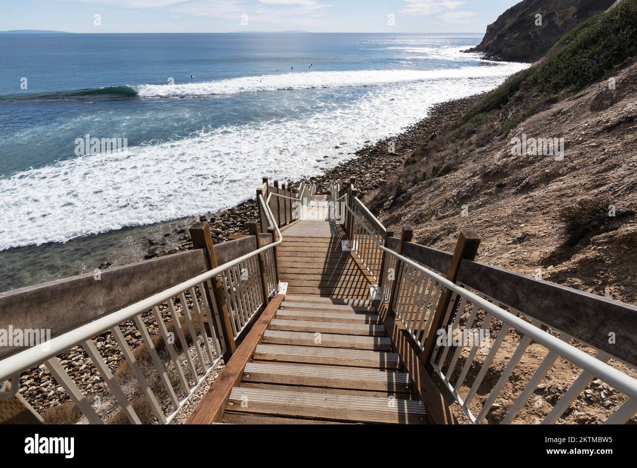 Newly improved staircase leading down to remote Dume Cove beach surf area in Malibu, California. Stock Photo