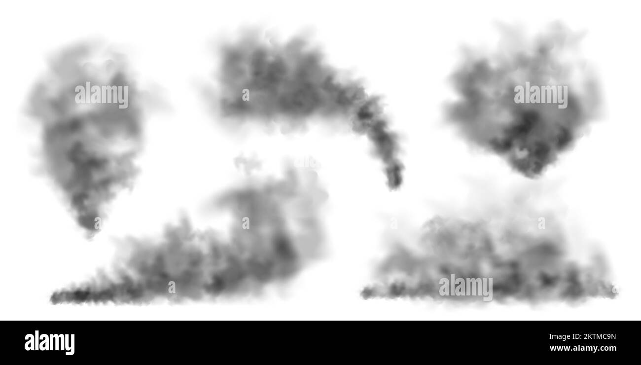 Black realistic smoke, dust clouds isolated on white background. Dirty