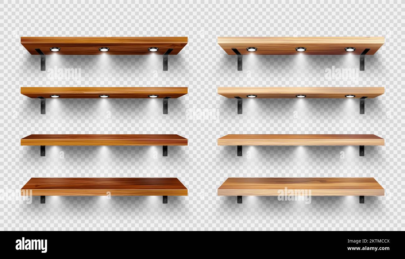 Realistic wooden store shelves with wall mount and lighting, spotlights