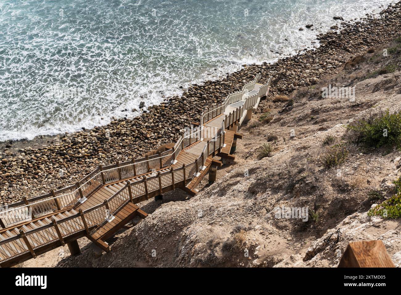 Newly improved stairway leading down to remote Dume Cove beach in Malibu, California. Stock Photo