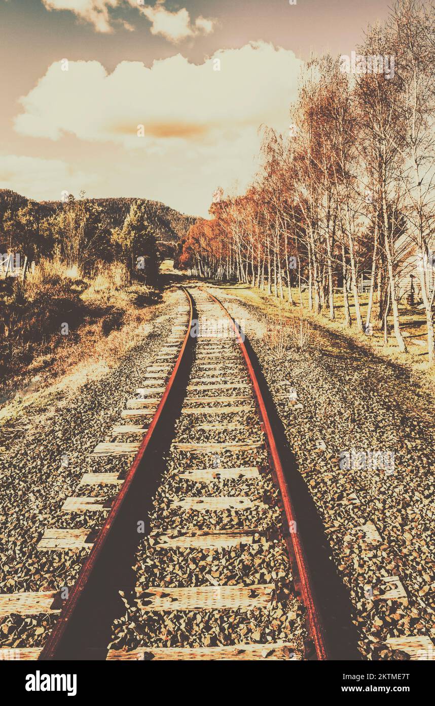 Rustic railway scene on autumn tracks leading through Tasmanian country. New Norfolk, Tasmania, Australia Stock Photo