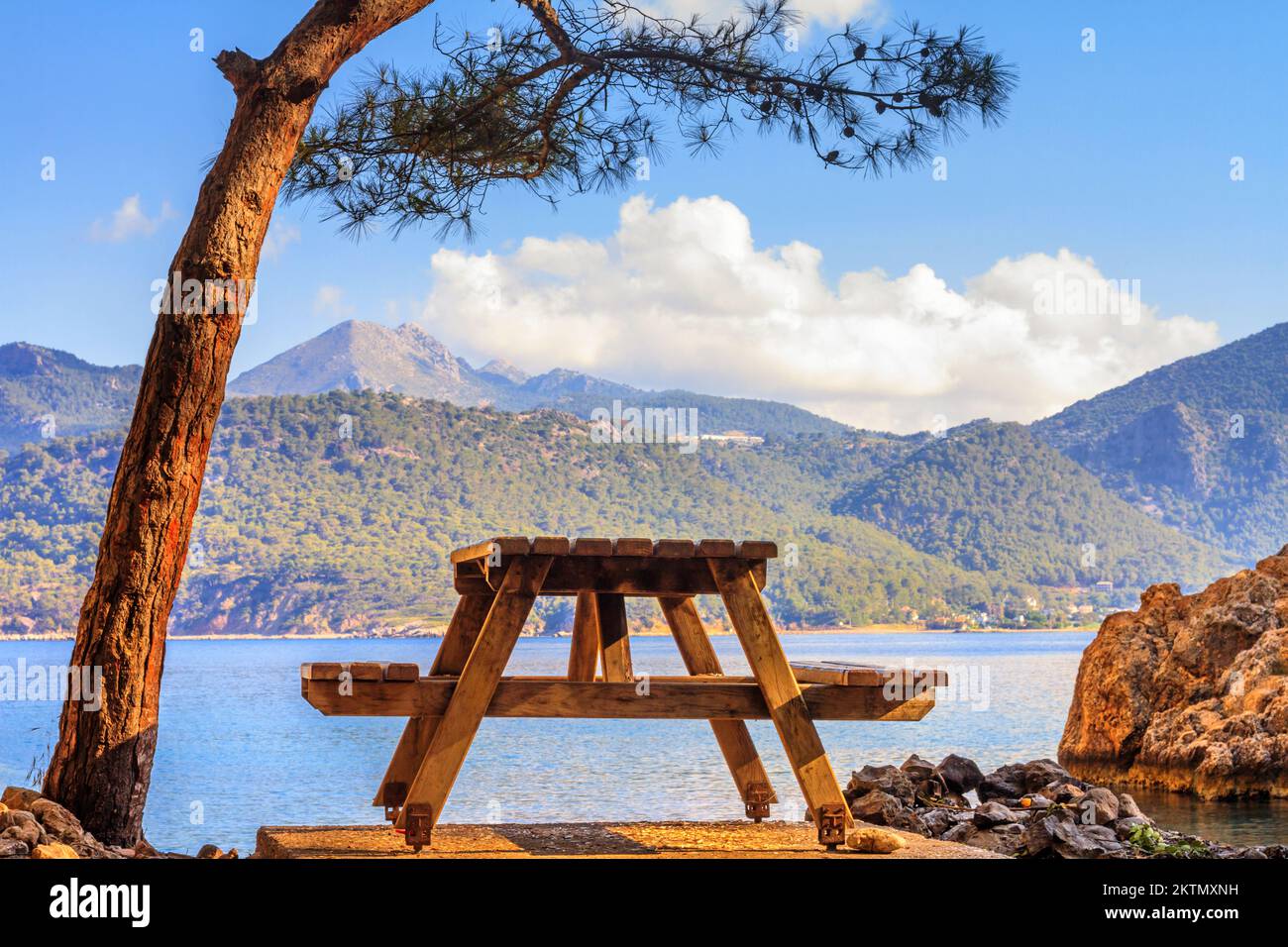 Coastal summer landscape - view of the resting place on the Lycian Way, Cape Gelidonya, Antalya Province in Turkey Stock Photo