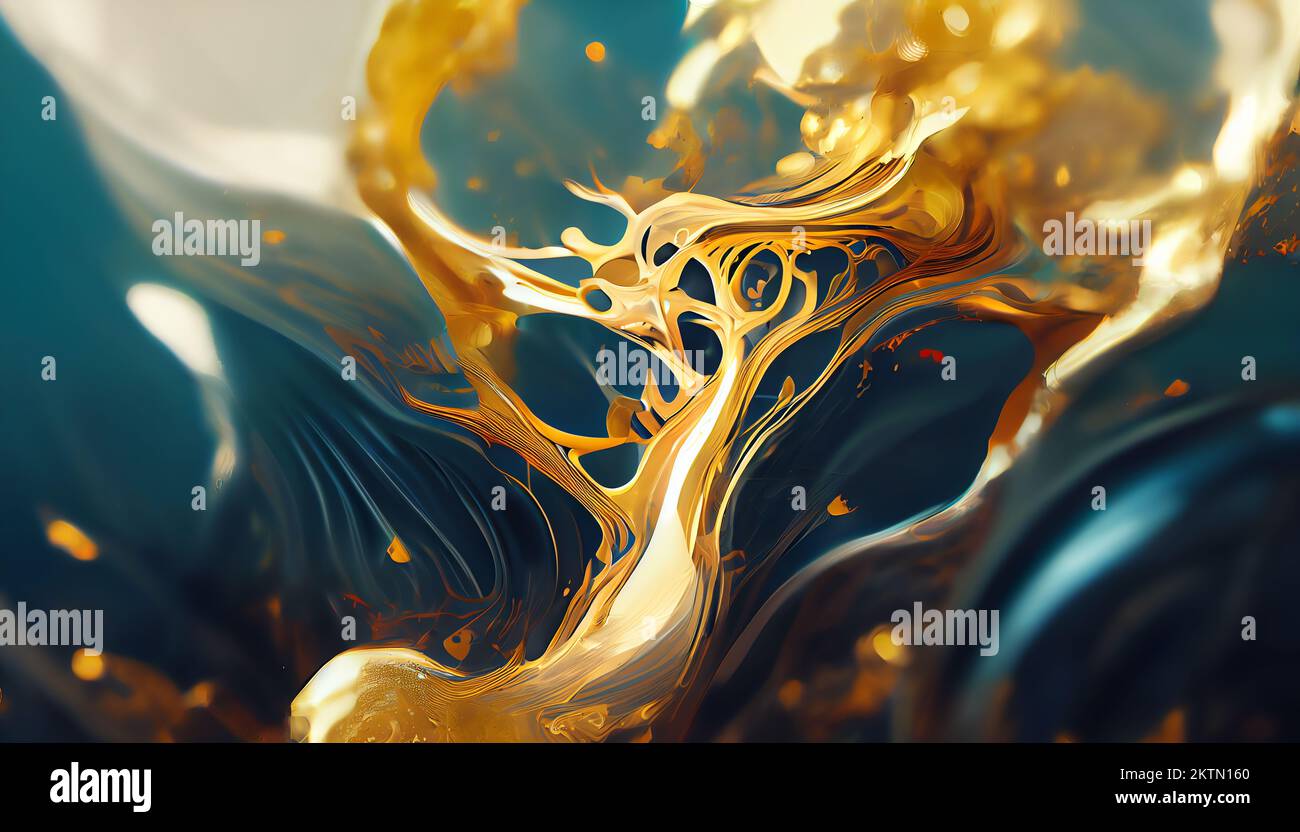 Abstract amber and gold paint splatter background. Fluid shapes, dynamic composition. Design element. Stock Photo