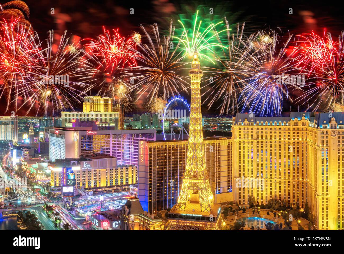 Festive fireworks on Las Vegas Strip Stock Photo