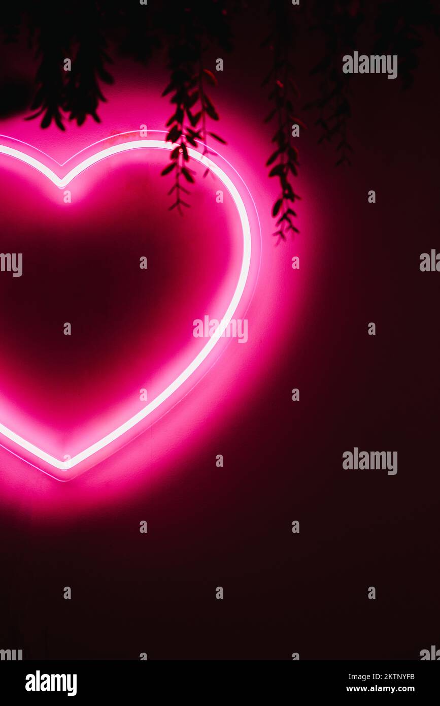 Neon pink heart on black wall with copy space Stock Photo